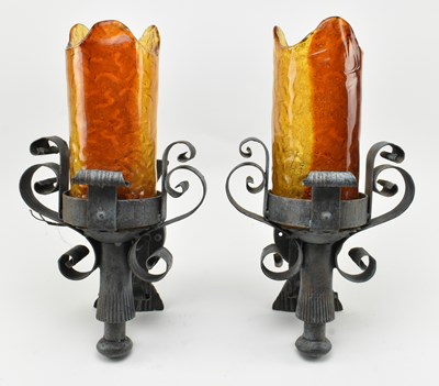 Lot 59 - PAIR OF VINTAGE WROUGHT IRON & MURANO STYLE GLASS WALL SCONCES