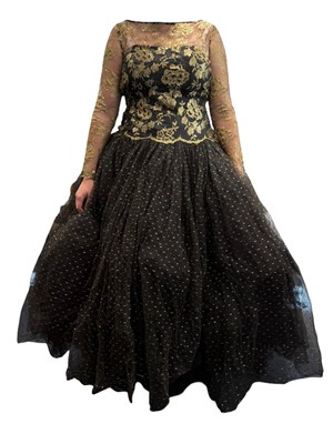 Lot 156 - DAVID FIELDEN - VINTAGE BLACK & GOLD SILK TULLE EVENING BALL GOWN