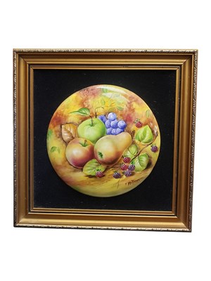 Lot 65 - J MOTTRAM - EARLY 20TH CENTURY STILL LIFE PAINTED PORCELAIN PLATE FRAMED