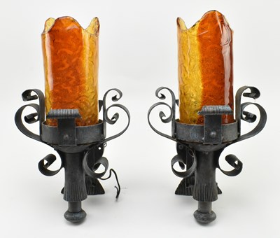 Lot 214 - PAIR OF VINTAGE WROUGHT IRON & MURANO STYLE GLASS WALL SCONCES