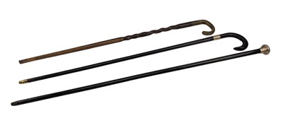Lot 99 - COLLECTION OF THREE WOODEN WALKING STICKS INCLUDING TWO WITH SILVER TRIM