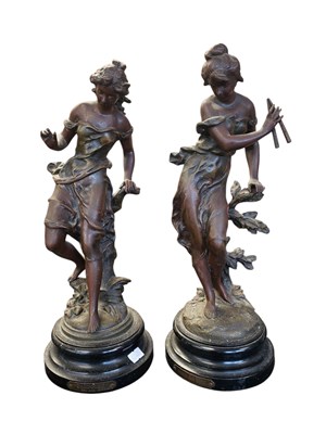 Lot 225 - PAIR OF EARLY 20TH CENTURY BRONZED SPELTER FIGURES ON SOCLE PLINTHS
