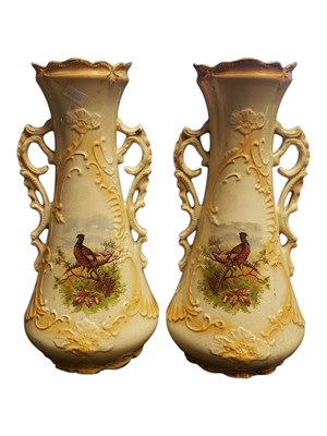 Lot 37 - PAIR OF EARLY 20TH CENTURY IRONSTONE CHINA TWIN HANDLED VASES