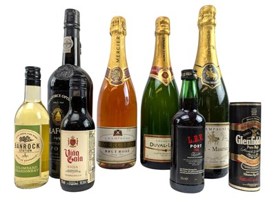 Lot 215 - COLLECTION OF VINTAGE 192 PORT, FRENCH CHAMPAGNE & MINIATURE WINES & WHISKY BOTTLES (8)