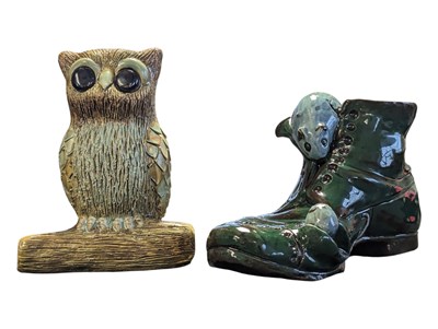 Lot 30 - C H BRANNAM, NORTH DEVON - VINAGE 20TH CENTURY CERAMIC SHOE & OWL FIGURES