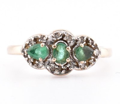 Lot 341 - HALLMARKED 9CT GOLD EMERALD & DIAMOND THREE STONE RING