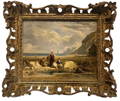 Lot 535 - JOHN VARLEY (1778-1842) - FIGURES ON A BEACH - OIL ON BOARD LANDSCAPE PAINTING