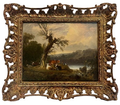 Lot 533 - JOHN VARLEY (1778-1842) - CATTLE IN A LANDSCAPE - OIL ON BOARD LANDSCAPE PAINTING