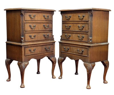 Lot 495 - PAIR OF QUEEN ANNE REVIVAL WALNUT BEDSIDE CHESTS OF DRAWERS