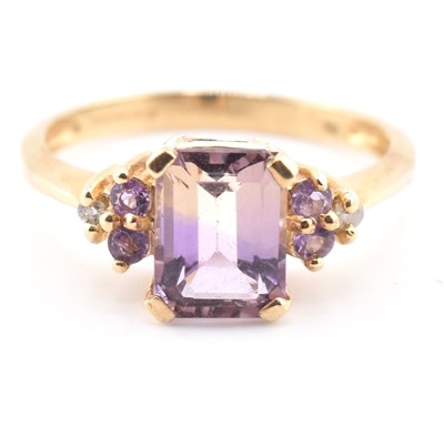 Lot 408 - HALLMARKED 9CT GOLD AMETRINE & AMETHYST & DIAMOND RING