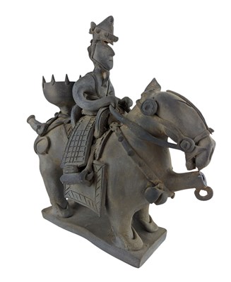 Lot 117 - KOREAN CERAMIC / TERRACOTTA VESSEL IN THE FORM OF A HORSE RIDER