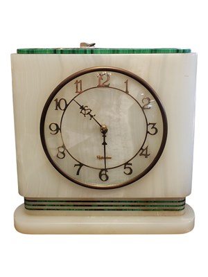 Lot 233 - 1930S ART DECO ROTHERHAM ALABASTER AND MALACHITE MANTEL CLOCK