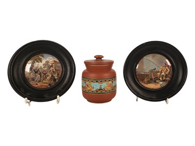 Lot 51 - 19TH CENTURY PRATTWARE TERRACOTTA TOBACCO JAR WITH TWO FRAMED POT LIDS