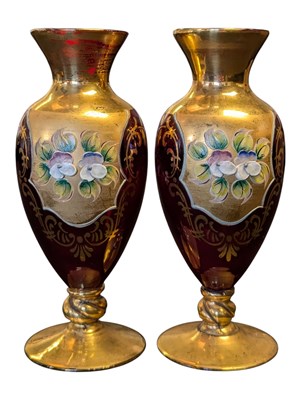 Lot 8 - PAIR OF 19TH CENTURY CZECH RUBY & GILT BOHEMIAN BUD VASES