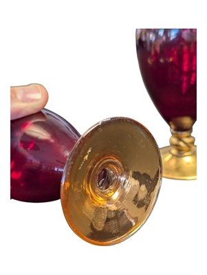 Lot 8 - PAIR OF 19TH CENTURY CZECH RUBY & GILT BOHEMIAN BUD VASES