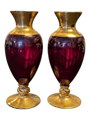 Lot 8 - PAIR OF 19TH CENTURY CZECH RUBY & GILT BOHEMIAN BUD VASES