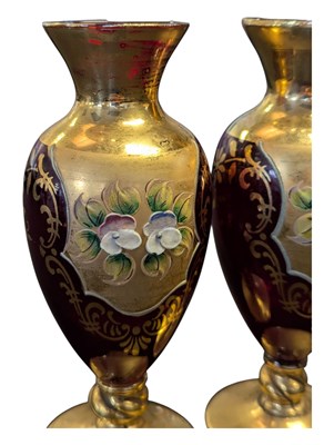 Lot 8 - PAIR OF 19TH CENTURY CZECH RUBY & GILT BOHEMIAN BUD VASES