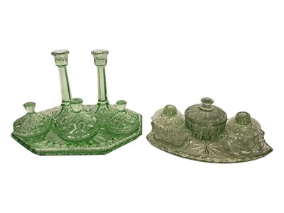 Lot 63 - COLLECTION OF 1920S ART DECO GREEN CUT GLASS DRESSING TABLE SETS