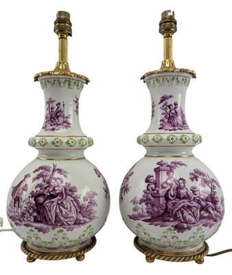 Lot 136 - AUGUSTUS REX - PAIR OF GERMAN DRESDEN CIRCA 1880 HAND PAINTED PORCELAIN TABLE LAMPS
