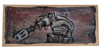 Lot 53 - THE IRON GIANT - SIGNED PAINTING ON WOOD BY RICHARD BAZLEY