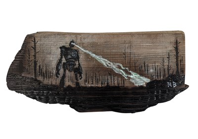 Lot 54 - THE IRON GIANT - PYROGRAPHY PAINTING ON WOOD BY RICHARD BAZLEY