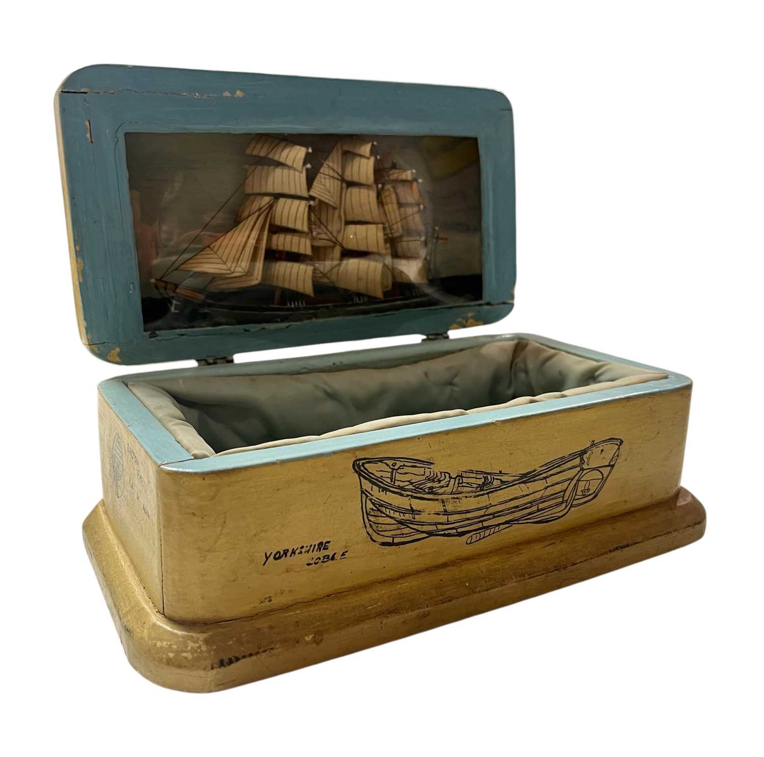 Lot 59 - EARLY 20TH CENTURY STENCILED AND MODEL SET JEWELLERY BOX