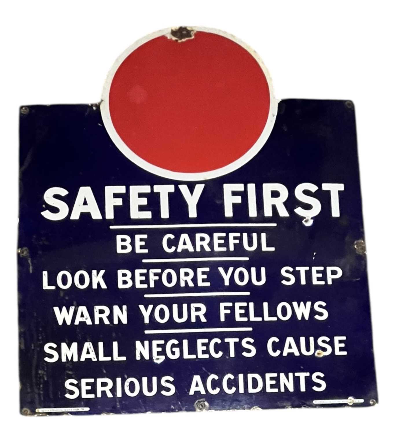 Lot 100 - SAFETY FIRST - EARLY TO MID CENTURY PORCELAIN ENAMEL SIGN