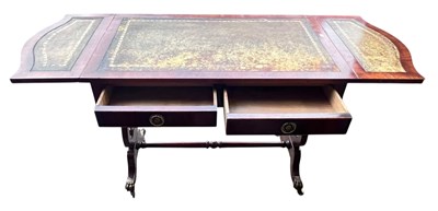 Lot 586 - REGENCY 19TH CENTURY MAHOGANY & TOOLED LEATHER DROP LEAF WRITING TABLE DESK