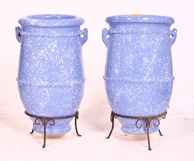 Lot 222 - PAIR OF LARGE VINTAGE GLAZED TERRACOTTA GARDEN AMPHORA VASES