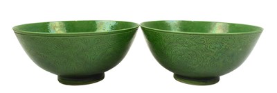 Lot 4 - PAIR OF QING YONGZHENG GREEN GLAZED INCISED FLORAL BOWLS