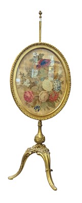 Lot 479 - 19TH CENTURY GILTWOOD ADJUSTABLE NEEDLEPOINT POLE FIRE SCREEN