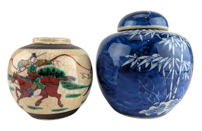 Lot 74 - QING DYNASTY BLUE & WHITE GINGER JAR & A CRACKLED JAR