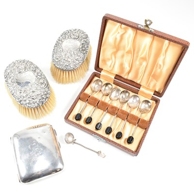 Lot 212 - SILVER BRUSHES, CIGARETTE CASE, SALT SPOON, BOXED COFFEE SPOONS