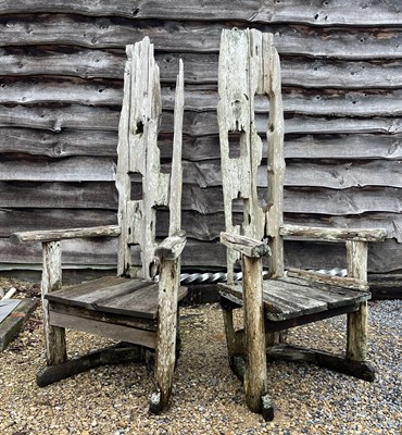 Lot 613 - PAIR OF LARGE DRIFTWOOD/WOODEN THRONE GARDEN OUTDOOR CHAIRS