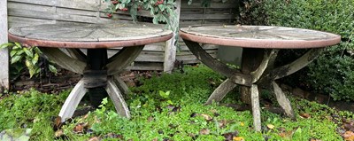 Lot 624 - TWO WOODEN & IRON-BOUND CIRCULAR PUB GARDEN OUTDOOR TABLES