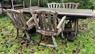 Lot 617 - WOODEN RECTANGULAR PUB GARDEN OUTDOOR TABLE WITH FOUR CARVER CHAIRS
