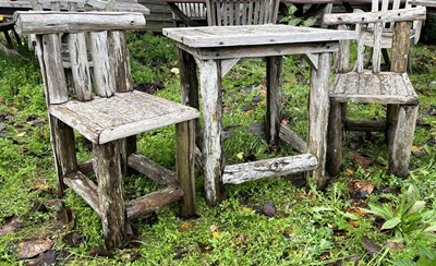 Lot 622 - SMALL SQUARED WOODEN PUB GARDEN TABLE WITH A PAIR OF DRIFTWOOD-STYLE CHAIRS