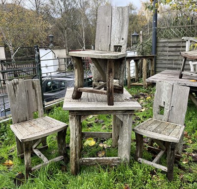 Lot 620 - SMALL SQUARED WOODEN PUB GARDEN TABLE WITH THREE DRIFTWOOD-STYLE CHAIRS