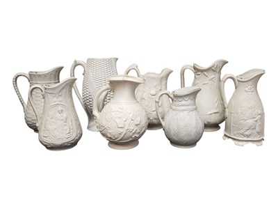 Lot 118 - COLLECTION OF EIGHT 19TH CENTURY VICTORIAN RELIEF MOULDED STONEWARE JUGS