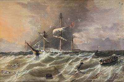 Lot 599 - BRITISH 19TH CENTURY MARITIME SCHOOL - AN OIL ON CANVAS PAINTING OF A SHIP'S SINKING