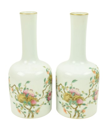 Lot 22 - PAIR OF REPUBLICAN FAMILLE ROSE PORCELAIN BOTTLE VASES 民国粉彩石榴瓶一对