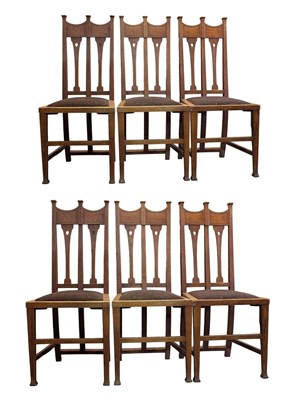 Lot 443 - SIX ARTS & CRAFTS CIRCA 1900 OAK & INLAID DINING CHAIRS