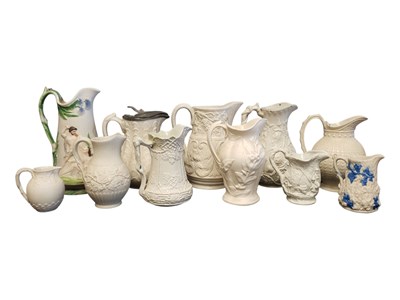 Lot 131 - COLLECTION OF 19TH CENTURY PARIAN WARE STONEWARE WHITE JUGS / PITCHERS