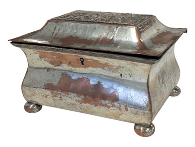 Lot 260 - EARLY 20TH CENTURY SILVER ON COPPER ENGLISH TEA CADDY
