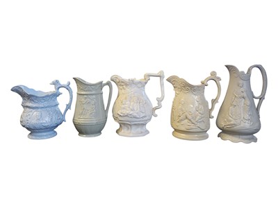 Lot 154 - FIVE 19TH CENTURY VICTORIAN STONEWARE RELIEF MOULDED JUGS