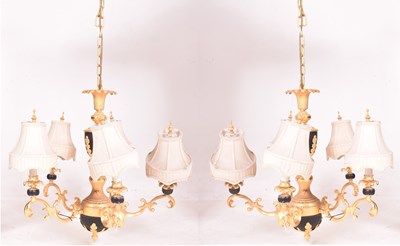 Lot 459 - PAIR OF FRENCH EMPIRE INSPIRED VINTAGE GILT & BLACK PAINTED FIVE ARM CHANDELIERS