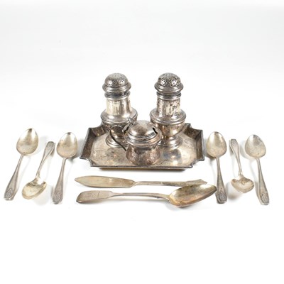 Lot 211 - COLLECTION OF HALLMARKED SILVER FLATWARE, TRAY & CRUETS