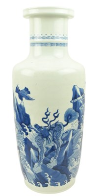 Lot 30 - QING DYNASTY BLUE & WHITE 'QILIN' PORCELAIN ROULEAU VASE 清 青花麒麟棒槌瓶