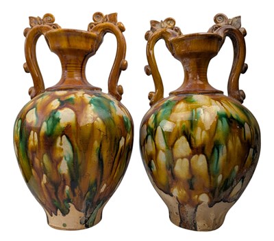 Lot 52 - PAIR OF SANCAI GLAZED POTTERY AMPHORA VASES 三彩陶壶一对