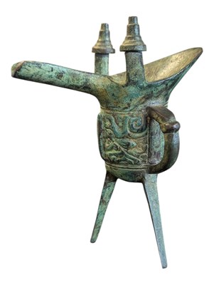 Lot 328 - 19TH CENTURY CHINESE JUE BRONZE WINE VESSEL